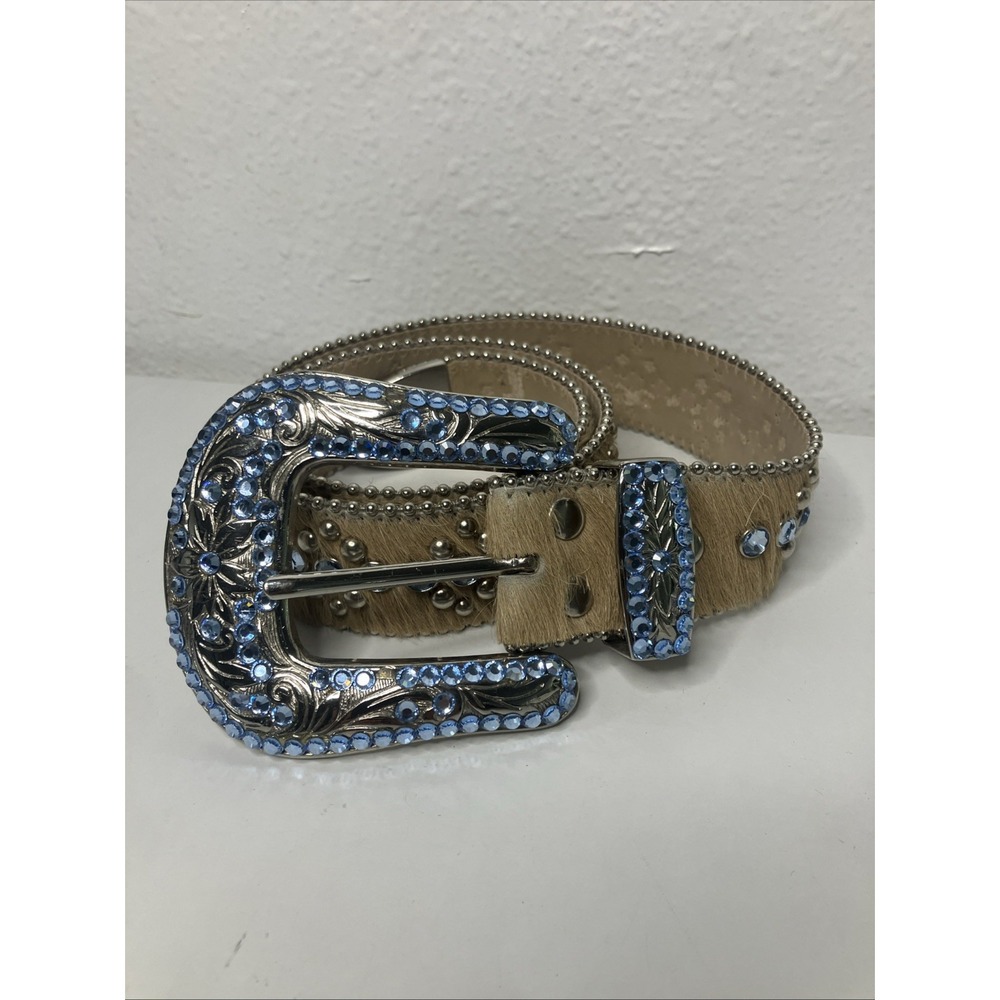 Y2K BB Simon Blue & Beige Cow Hair Size S Womens Western Studded Rhinestone